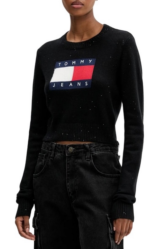 TOMMY JEANS SPARKLE FLAG SWEATER EXT ΜΠΛΟΥΖΑ ΠΛΕΚΤΗ ΓΥΝΑΙΚΕΙΑ BLACK