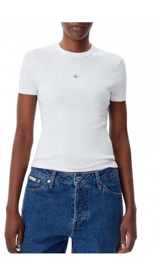 CALVIN KLEIN JEANS WOVEN LABEL RIB FITTED TEE T-SHIRT ΜΠΛΟΥΖΑ ΓΥΝΑΙΚΕΙΑ BRIGHT WHITE
