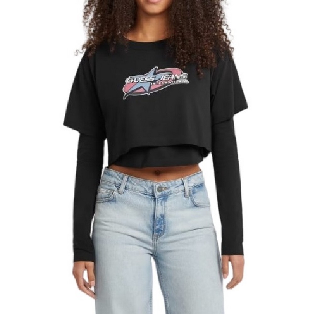 GUESS JEANS SL CN BOXY 2FER STAR PRINTE ΜΠΛΟΥΖΑ ΓΥΝΑΙΚΕΙΑ BLACK