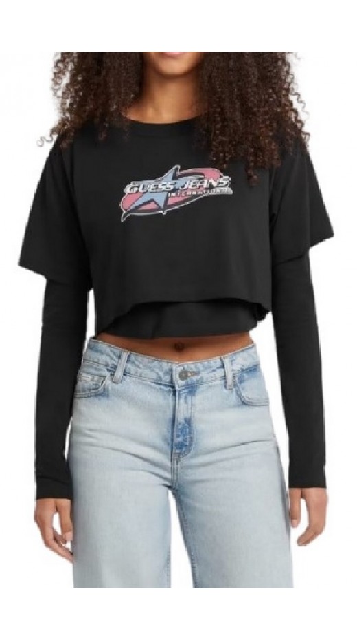 GUESS JEANS SL CN BOXY 2FER STAR PRINTE ΜΠΛΟΥΖΑ ΓΥΝΑΙΚΕΙΑ BLACK