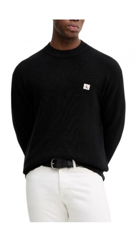 CALVIN KLEIN JEANS LS EZ COTTON WAFFLE CRWNK SWTR 9 T-SHIRT ΜΠΛΟΥΖΑ ΠΛΕΚΤΗ ΑΝΔΡΙΚΗ BLACK