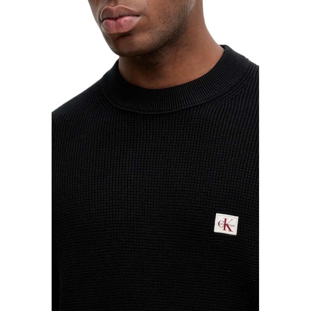 CALVIN KLEIN JEANS LS EZ COTTON WAFFLE CRWNK SWTR 9 T-SHIRT ΜΠΛΟΥΖΑ ΠΛΕΚΤΗ ΑΝΔΡΙΚΗ BLACK