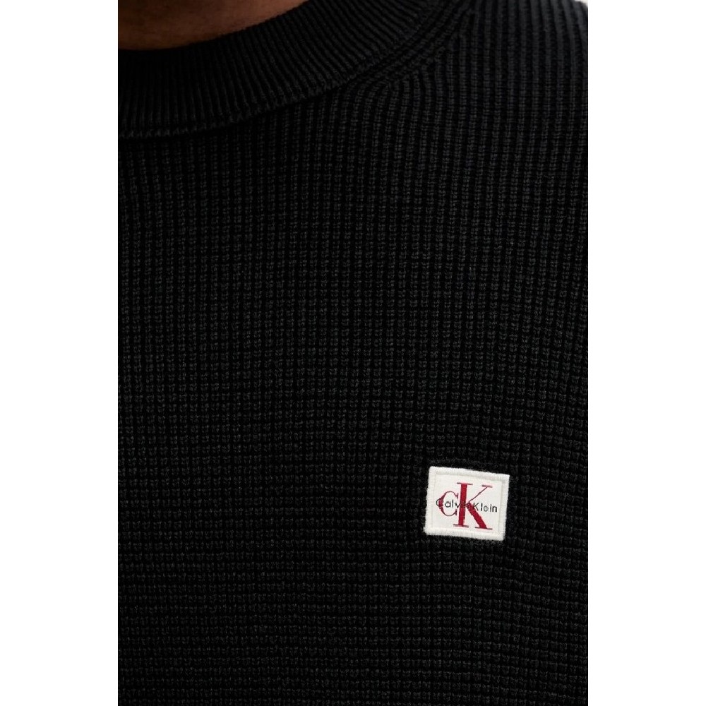 CALVIN KLEIN JEANS LS EZ COTTON WAFFLE CRWNK SWTR 9 T-SHIRT ΜΠΛΟΥΖΑ ΠΛΕΚΤΗ ΑΝΔΡΙΚΗ BLACK