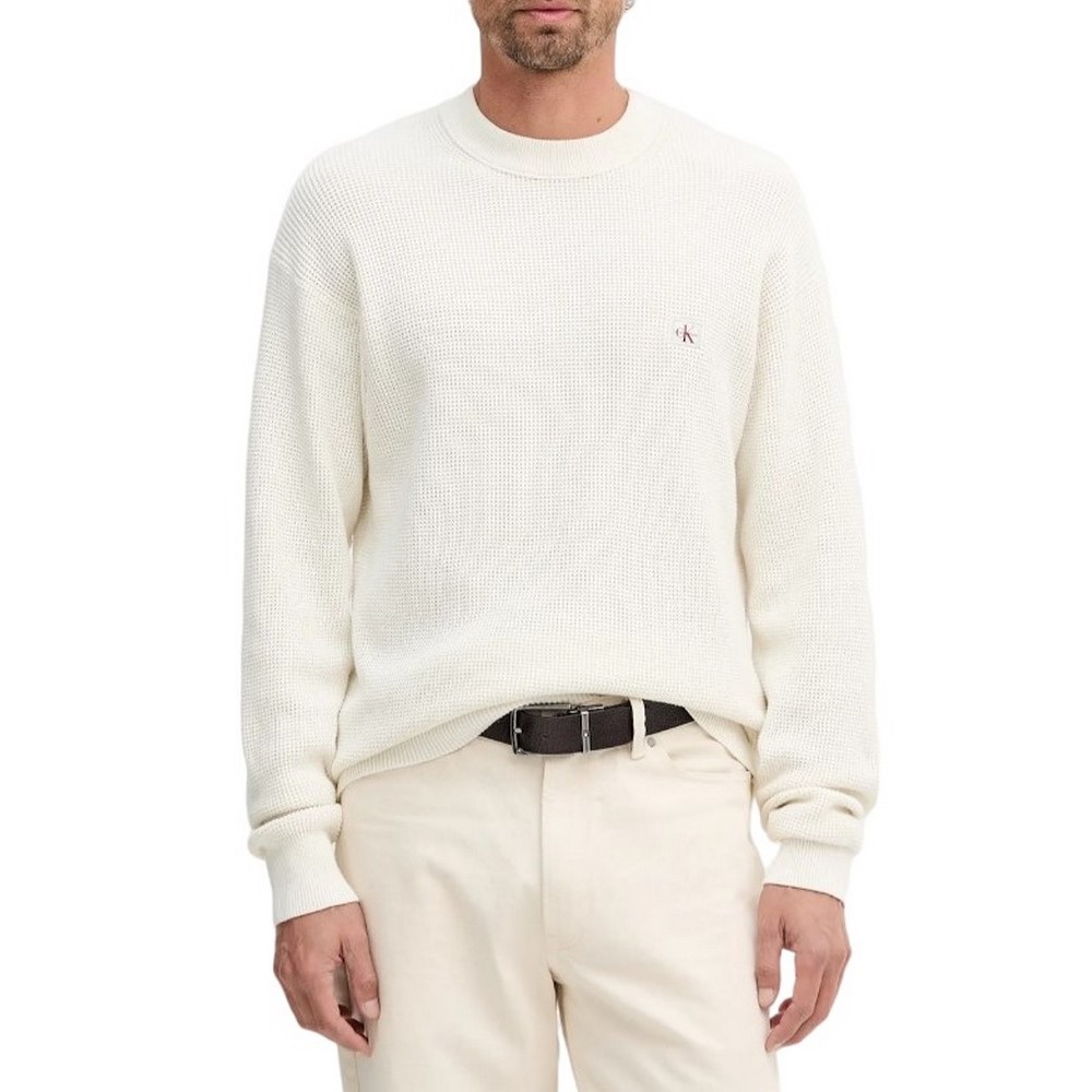 CALVIN KLEIN JEANS LS EZ COTTON WAFFLE CRWNK SWTR 9 T-SHIRT ΜΠΛΟΥΖΑ ΠΛΕΚΤΗ ΑΝΔΡΙΚΗ ECRU