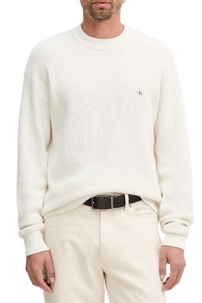CALVIN KLEIN JEANS LS EZ COTTON WAFFLE CRWNK SWTR 9 T-SHIRT ΜΠΛΟΥΖΑ ΠΛΕΚΤΗ ΑΝΔΡΙΚΗ ECRU