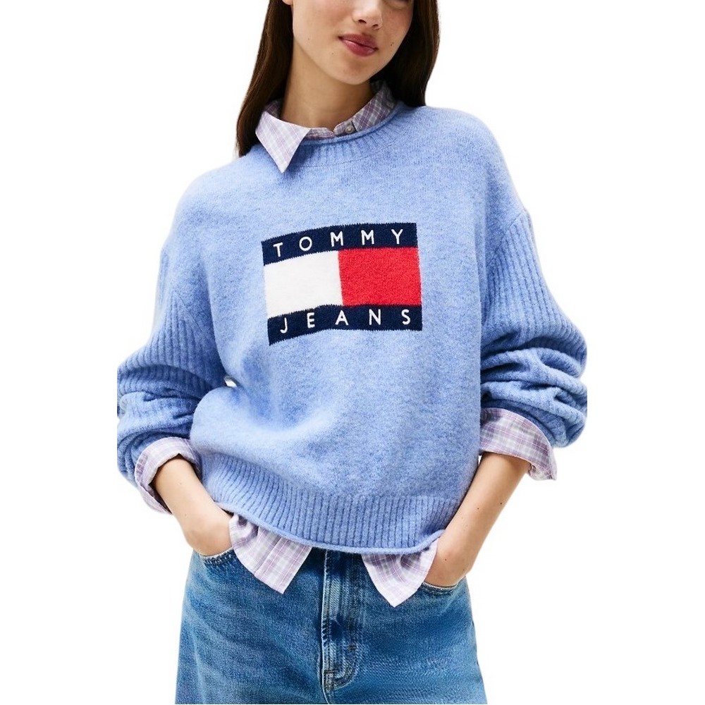 TOMMY JEANS MELANGE FLAG SWEATER RIB EXT ΜΠΛΟΥΖΑ ΠΛΕΚΤΗ ΓΥΝΑΙΚΕΙΑ CIEL