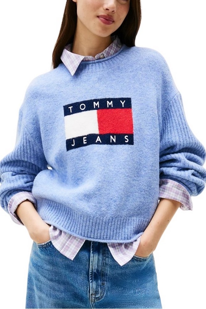 TOMMY JEANS MELANGE FLAG SWEATER RIB EXT ΜΠΛΟΥΖΑ ΠΛΕΚΤΗ ΓΥΝΑΙΚΕΙΑ CIEL