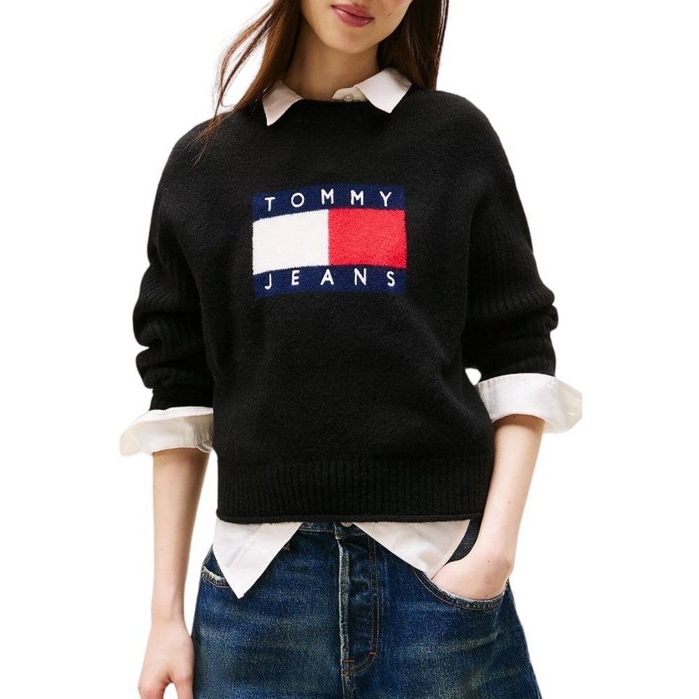 TOMMY JEANS MELANGE FLAG SWEATER RIB EXT ΜΠΛΟΥΖΑ ΠΛΕΚΤΗ ΓΥΝΑΙΚΕΙΑ BLACK
