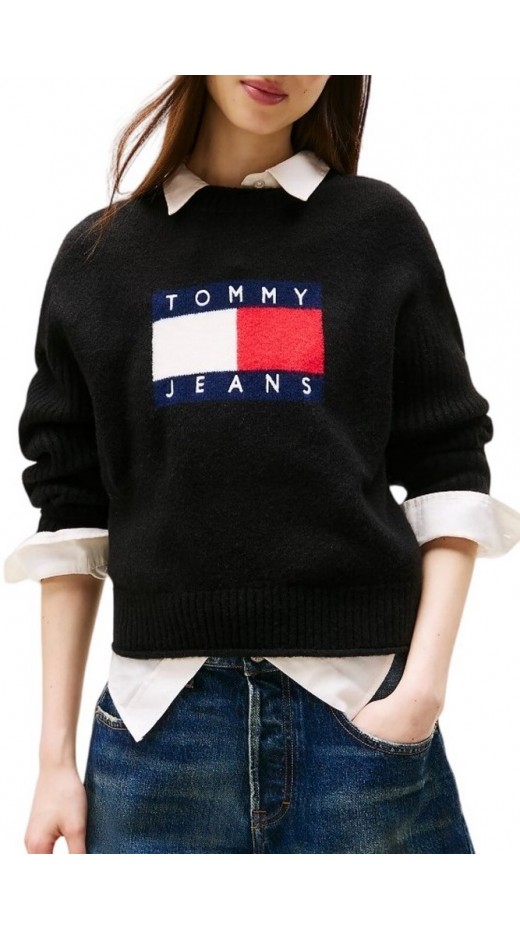 TOMMY JEANS MELANGE FLAG SWEATER RIB EXT ΜΠΛΟΥΖΑ ΠΛΕΚΤΗ ΓΥΝΑΙΚΕΙΑ BLACK