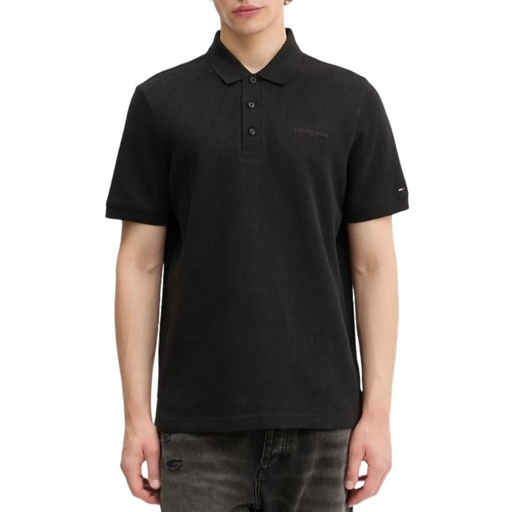 TOMMY JEANS REG WAFFLE SCRIPT POLO T-SHIRT ΜΠΛΟΥΖΑ ΑΝΔΡΙΚΗ BLACK