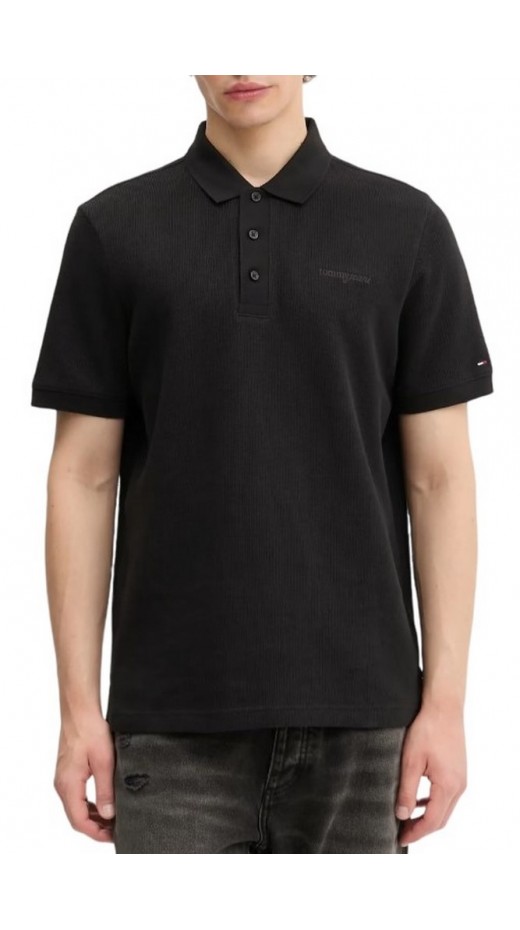 TOMMY JEANS REG WAFFLE SCRIPT POLO T-SHIRT ΜΠΛΟΥΖΑ ΑΝΔΡΙΚΗ BLACK