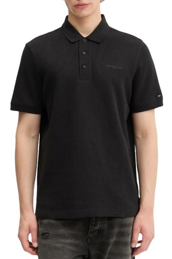 TOMMY JEANS REG WAFFLE SCRIPT POLO T-SHIRT ΜΠΛΟΥΖΑ ΑΝΔΡΙΚΗ BLACK