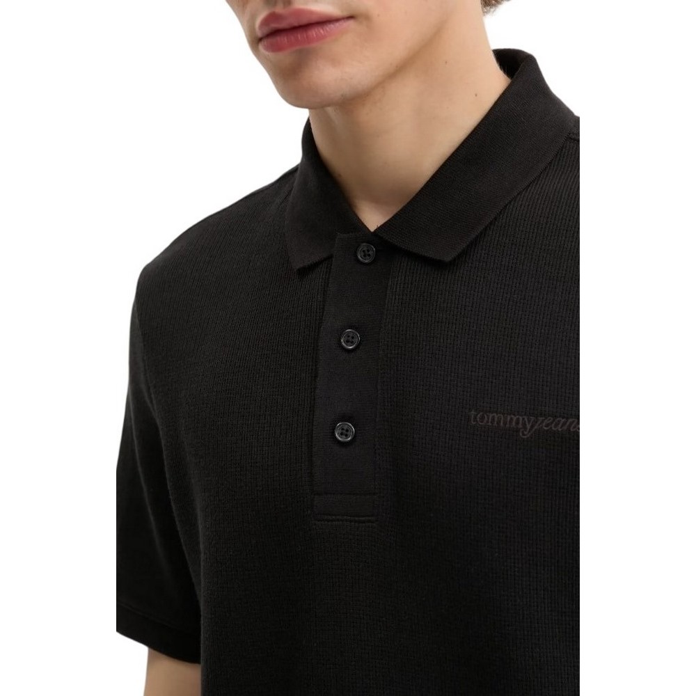 TOMMY JEANS REG WAFFLE SCRIPT POLO T-SHIRT ΜΠΛΟΥΖΑ ΑΝΔΡΙΚΗ BLACK