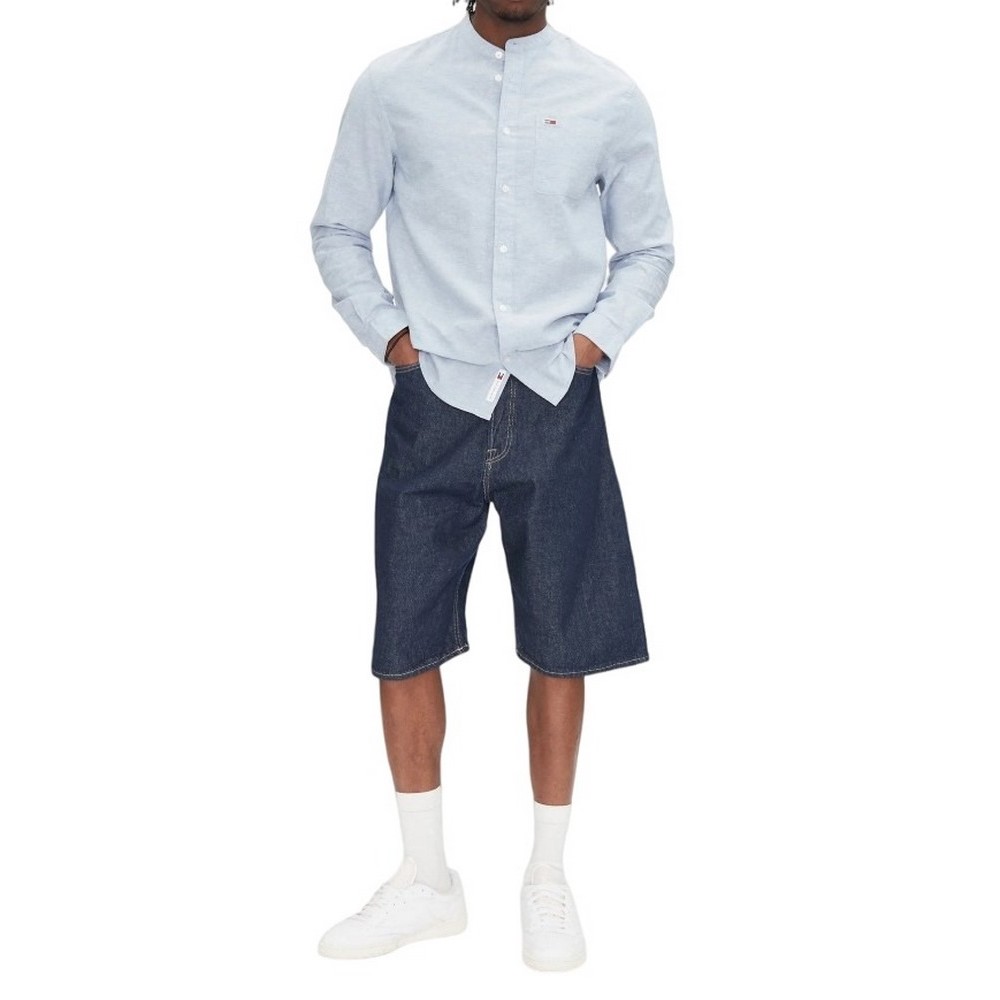 TOMMY JEANS LINEN MIX BAND COLLAR SHIRT ΠΟΥΚΑΜΙΣΟ ΑΝΔΡΙΚΟ BLUE