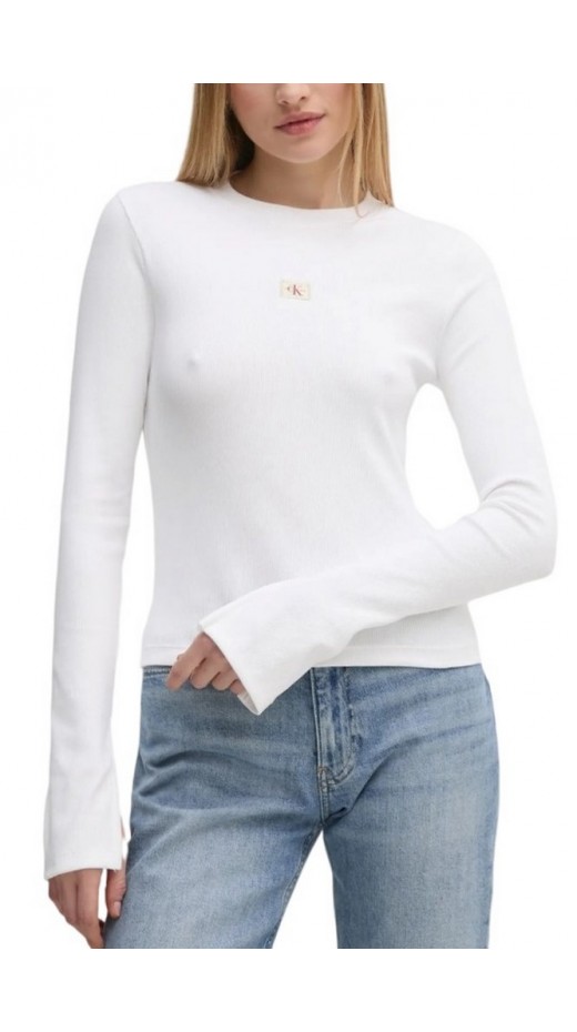 CALVIN KLEIN JEANS WOVEN LABEL RIB LS TOP ΜΠΛΟΥΖΑ ΓΥΝΑΙΚΕΙΑ BRIGHT WHITE