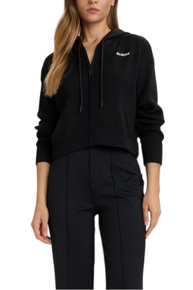 GUESS FLAMINIA RIBBED HOODIE ZIPPED ΠΛΕΚΤΗ ΖΑΚΕΤΑ ΓΥΝΑΙΚΕΙΑ BLACK