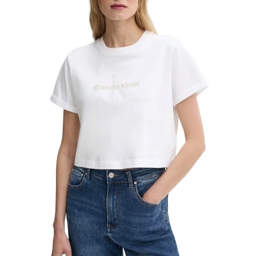 CALVIN KLEIN JEANS  LIQUID CK CROPPED TEE T-SHIRT ΜΠΛΟΥΖΑ ΓΥΝΑΙΚΕΙΑ BRIGHT WHITE