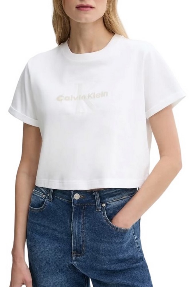 CALVIN KLEIN JEANS  LIQUID CK CROPPED TEE T-SHIRT ΜΠΛΟΥΖΑ ΓΥΝΑΙΚΕΙΑ BRIGHT WHITE