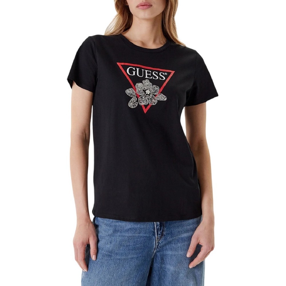 GUESS FLOWER BLING EASY TEE T-SHIRT ΜΠΛΟΥΖΑ ΓΥΝΑΙΚΕΙΑ BLACK