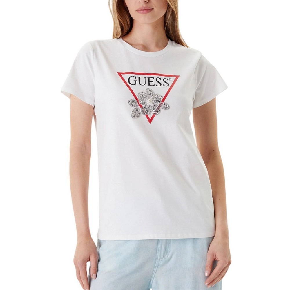 GUESS FLOWER BLING EASY TEE T-SHIRT ΜΠΛΟΥΖΑ ΓΥΝΑΙΚΕΙΑ WHITE