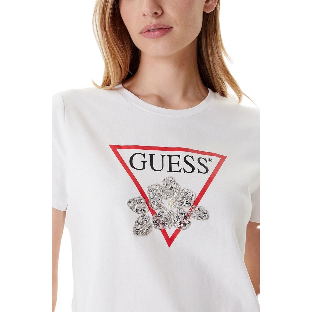 GUESS FLOWER BLING EASY TEE T-SHIRT ΜΠΛΟΥΖΑ ΓΥΝΑΙΚΕΙΑ WHITE