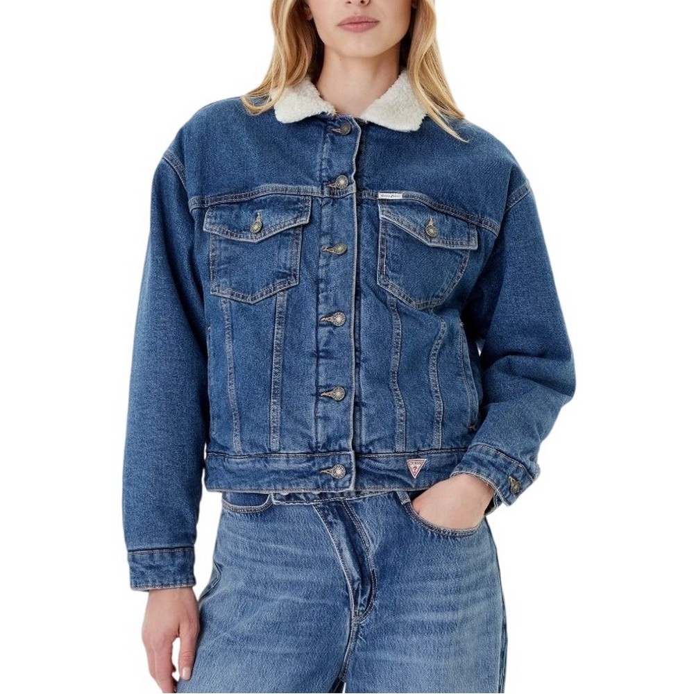 GUESS JEANS OVERSIZE TEDDY JACKET ΜΠΟΥΦΑΝ ΓΥΝΑΙΚΕΙΟ BLUΕ DENIM