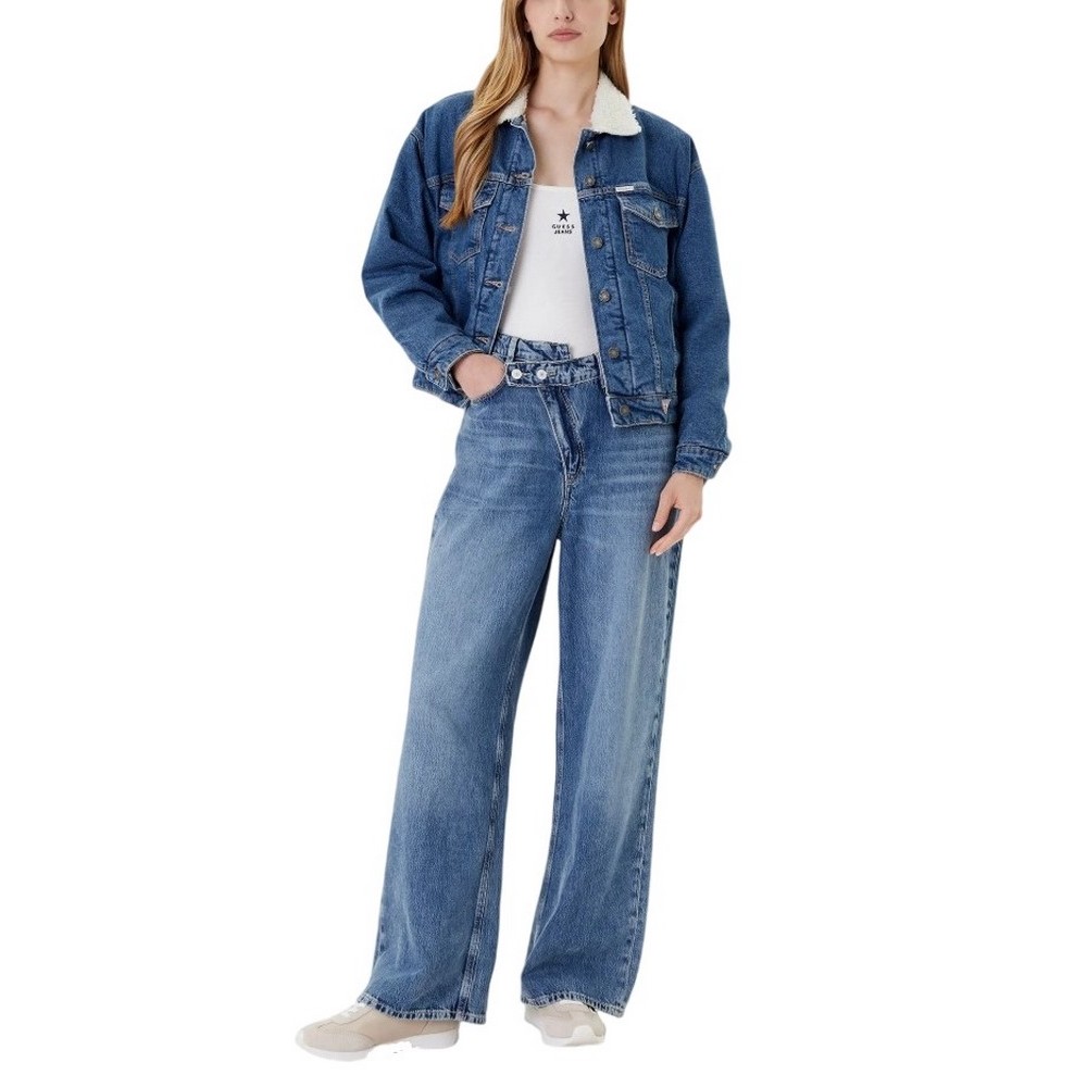GUESS JEANS OVERSIZE TEDDY JACKET ΜΠΟΥΦΑΝ ΓΥΝΑΙΚΕΙΟ BLUΕ DENIM