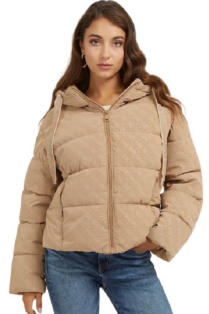 GUESS 4G LOGO HOODED PUFFA ΜΠΟΥΦΑΝ ΓΥΝΑΙΚΕΙΟ BEIGE