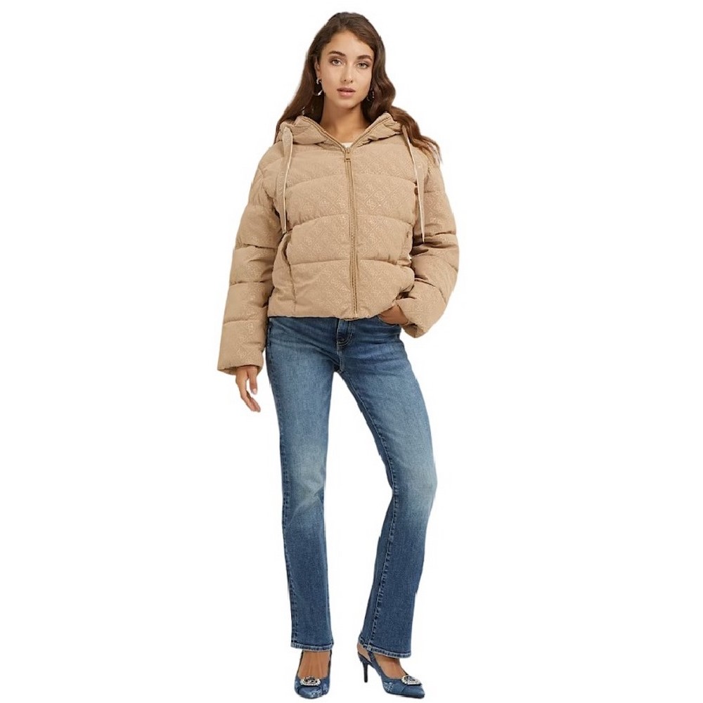 GUESS 4G LOGO HOODED PUFFA ΜΠΟΥΦΑΝ ΓΥΝΑΙΚΕΙΟ BEIGE