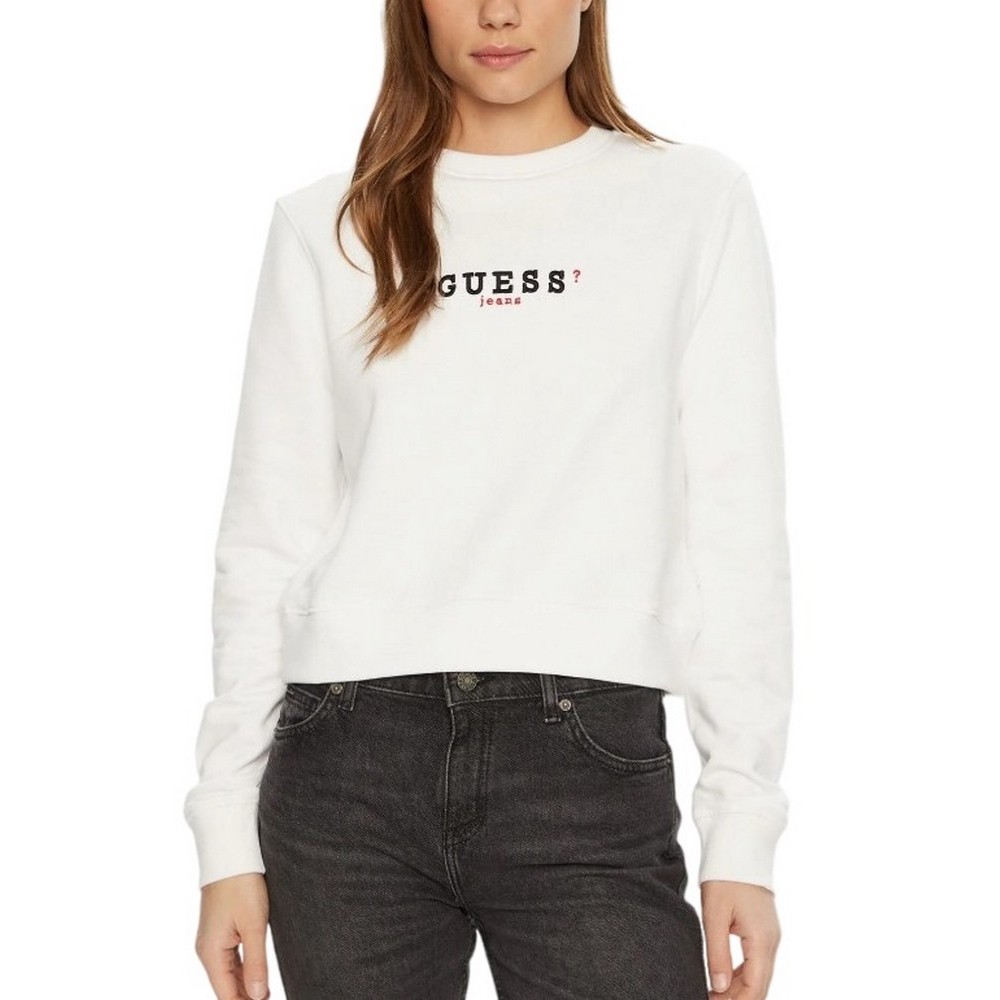 GUESS JEANS CROP CN 3D EMB SWEATSH ΜΠΛΟΥΖΑ ΦΟΥΤΕΡ ΓΥΝΑΙΚΕΙΑ WHITE