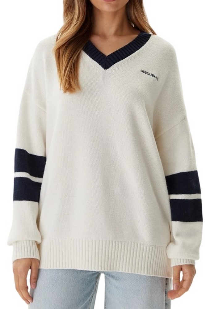 GUESS JEANS VN OS EMB SWTR ΜΠΛΟΥΖΑ ΠΛΕΚΤΗ ΓΥΝΑΙΚΕΙΑ WHITE
