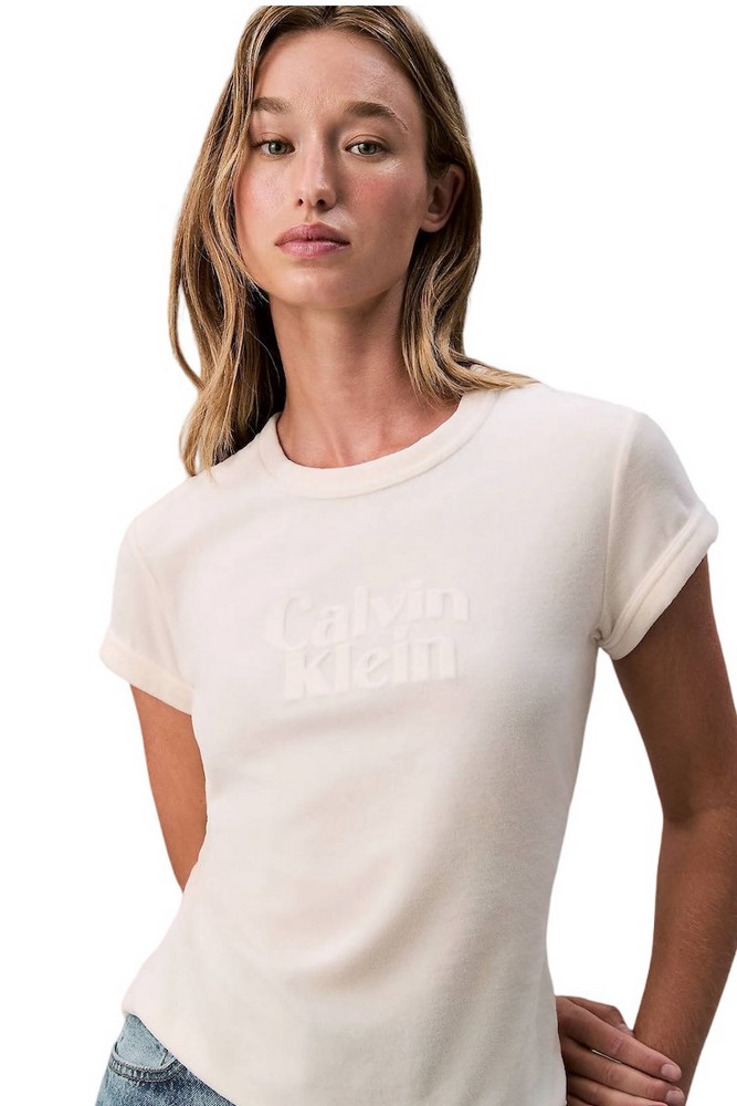 CALVIN KLEIN JEANS SS VELOUR LOGO TEE T-SHIRT ΜΠΛΟΥΖΑ ΓΥΝΑΙΚΕΙΑ OFF WHITE