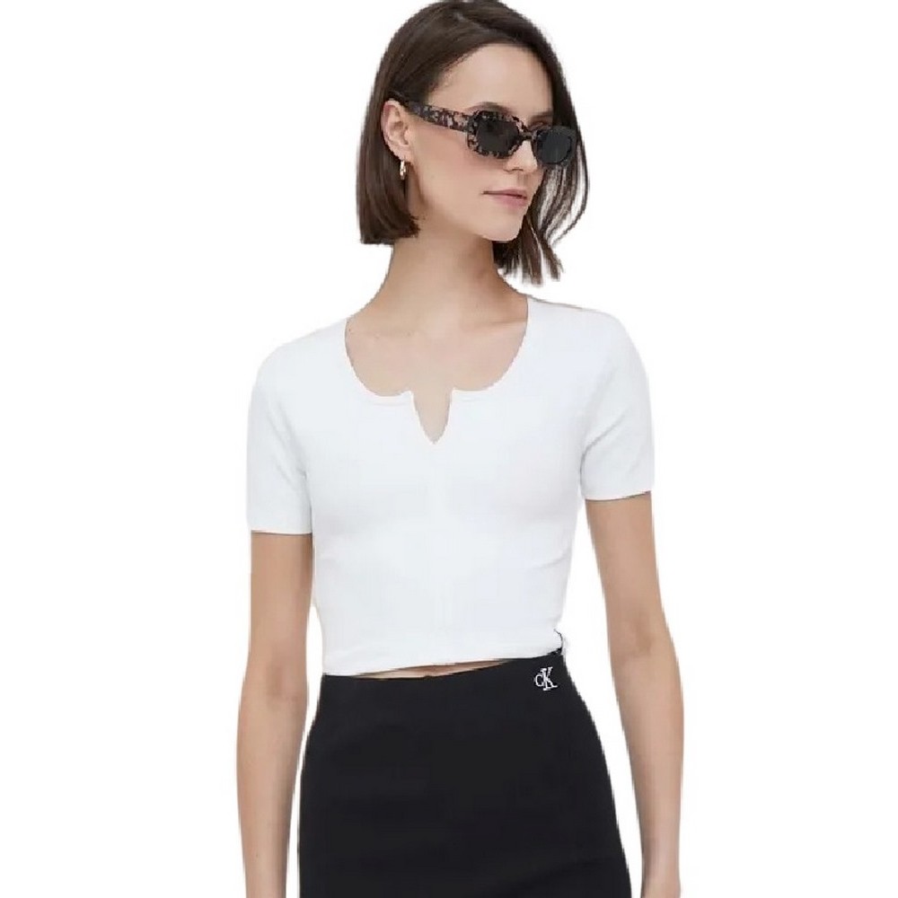 CALVIN KLEIN JEANS TAB SPLIT NECK RIB TOP ΤΟΠ ΓΥΝΑΙΚΕΙΟ WHITE