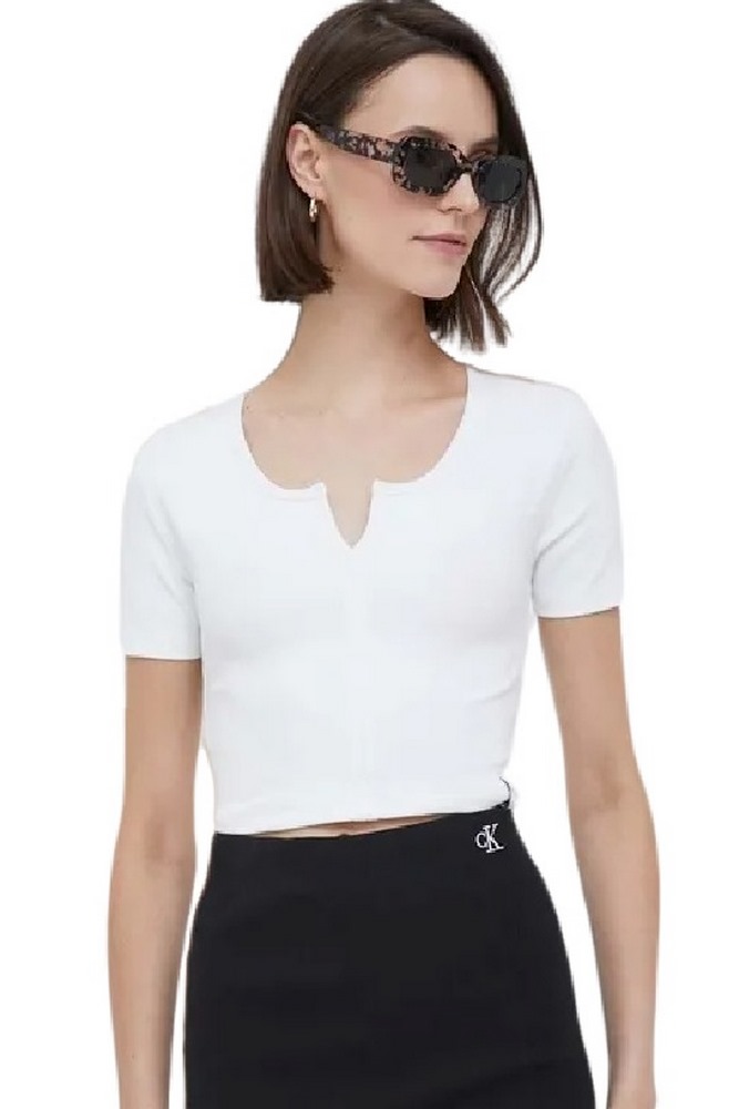 CALVIN KLEIN JEANS TAB SPLIT NECK RIB TOP ΤΟΠ ΓΥΝΑΙΚΕΙΟ WHITE