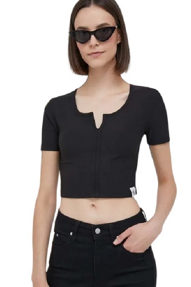 CALVIN KLEIN JEANS TAB SPLIT NECK RIB TOP ΤΟΠ ΓΥΝΑΙΚΕΙΟ BLACK