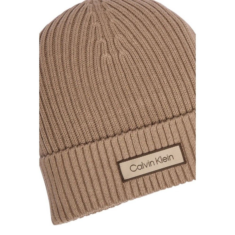 CALVIN KLEIN PATCH CHUNKY RIB COTTON BEANIE ΣΚΟΥΦΟΣ ΑΝΔΡΙΚΟΣ TAUPE