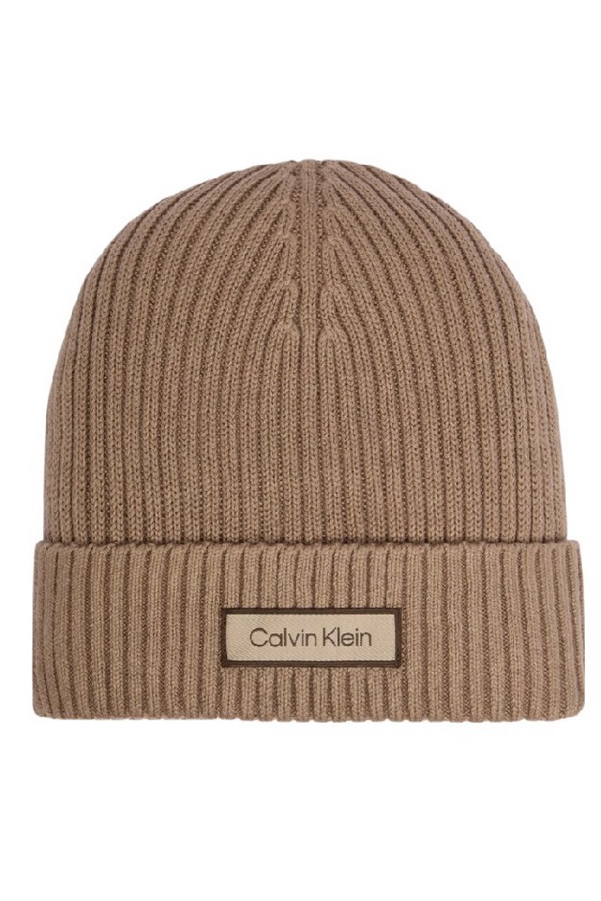 CALVIN KLEIN PATCH CHUNKY RIB COTTON BEANIE ΣΚΟΥΦΟΣ ΑΝΔΡΙΚΟΣ TAUPE