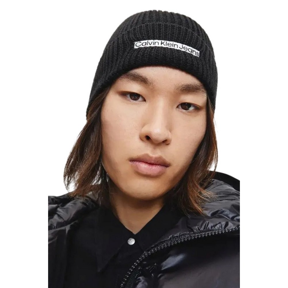 CALVIN KLEIN JEANS INSTITUTIONAL PATCH BEANIE ΣΚΟΥΦΟΣ ΑΝΔΡΙΚΟΣ BLACK