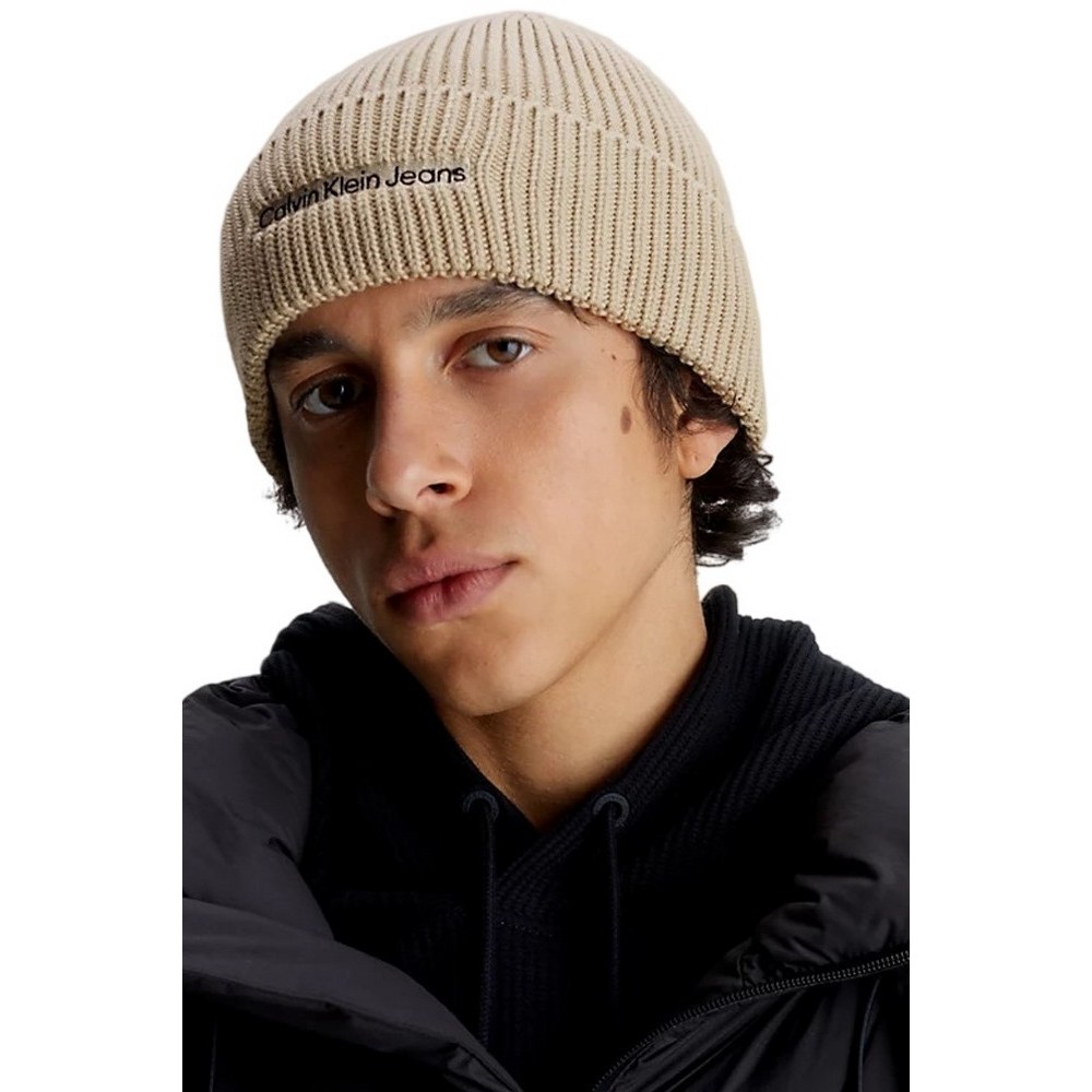 CALVIN KLEIN JEANS INSTITUTIONAL PATCH BEANIE ΣΚΟΥΦΟΣ ΑΝΔΡΙΚΟΣ BEIGE