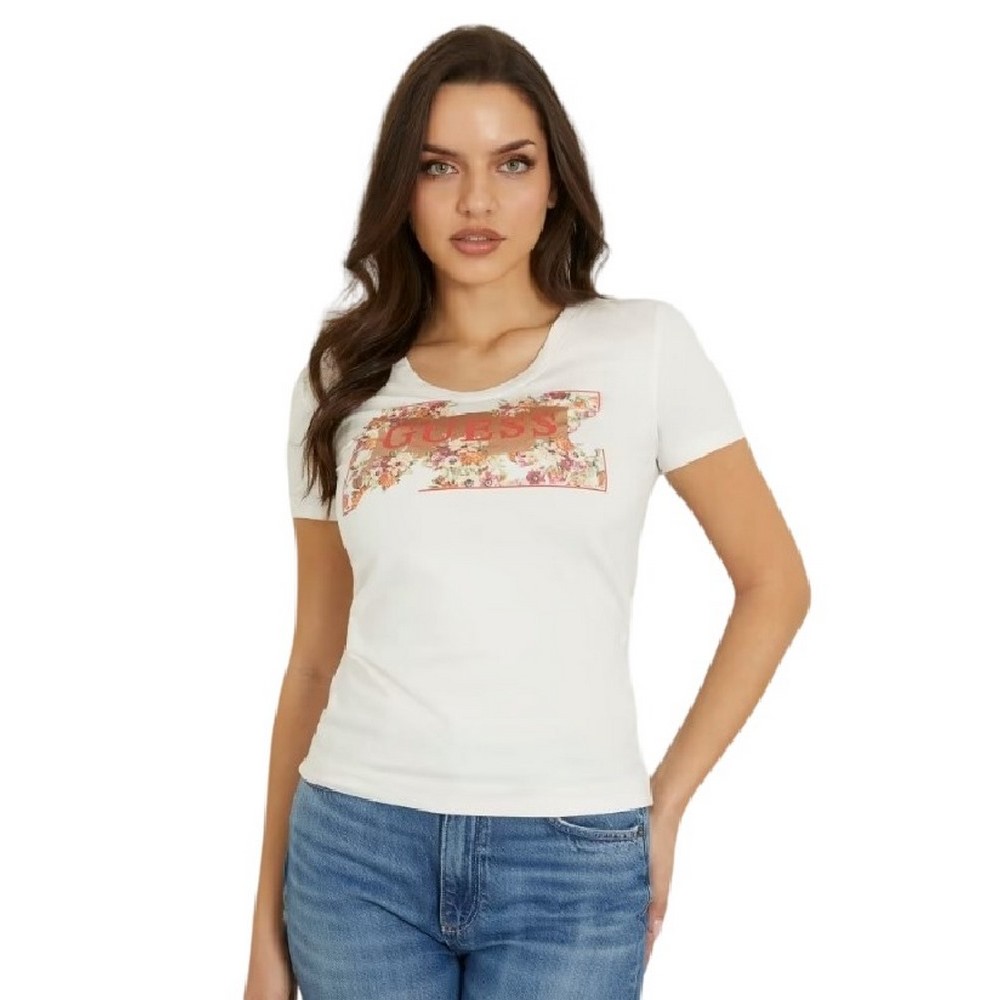 GUESS LOGO FLOWERS T-SHIRT ΜΠΛΟΥΖΑ ΓΥΝΑΙΚΕΙΑ WHITE