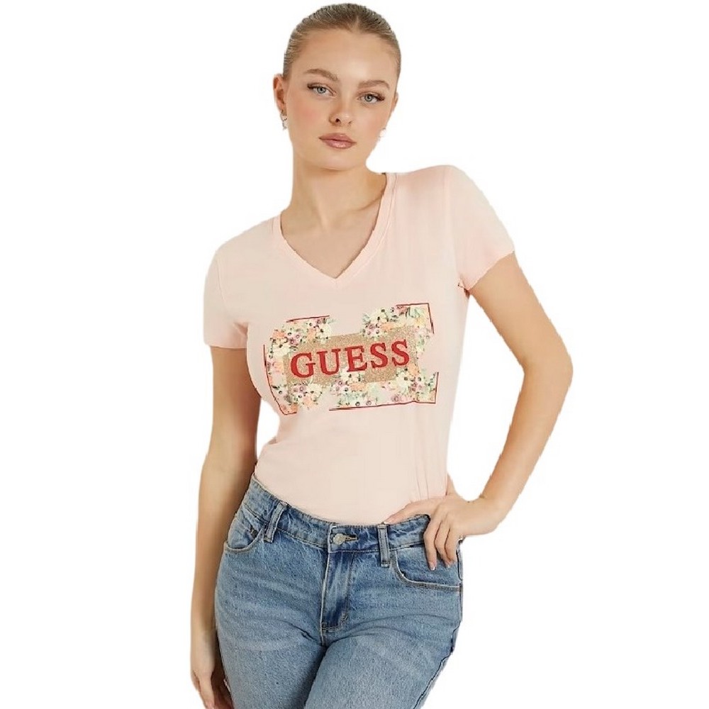 GUESS LOGO FLOWERS T-SHIRT ΜΠΛΟΥΖΑ ΓΥΝΑΙΚΕΙΑ PEACH