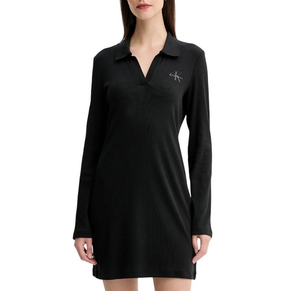 CALVIN KLEIN JEANS LS MONOLOGO RIB POLO MINI DRESS ΦΟΡΕΜΑ ΓΥΝΑΙΚΕΙΟ BLACK