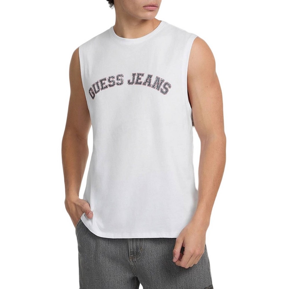 GUESS JEANS MUSCLE COLLEGIATE ΑΜΑΝΙΚΗ ΜΠΛΟΥΖΑ ΑΝΔΡΙΚΗ WHITE