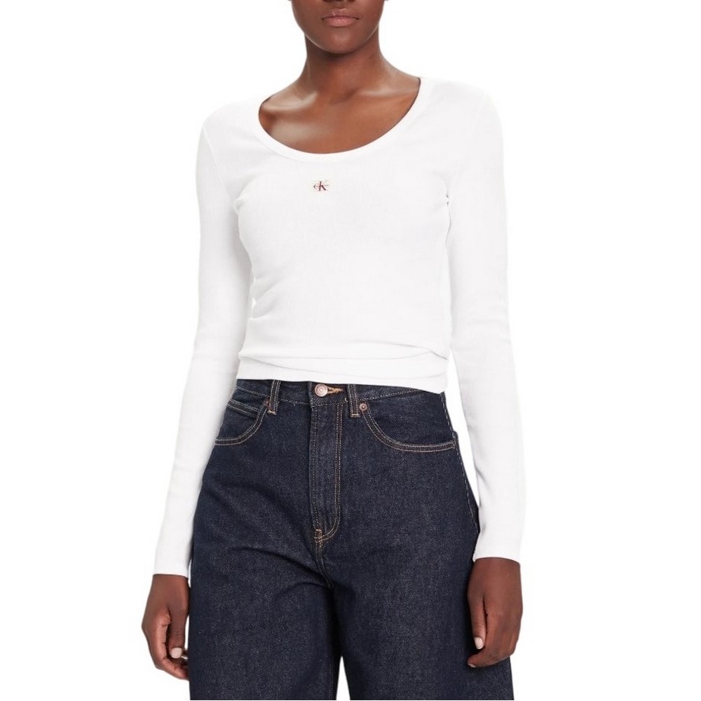 CALVIN KLEIN LS WOVEN LABEL 2X2 RIB SCOOP NEC ΜΠΛΟΥΖΑ ΓΥΝΑΙΚΕΙΑ WHITE