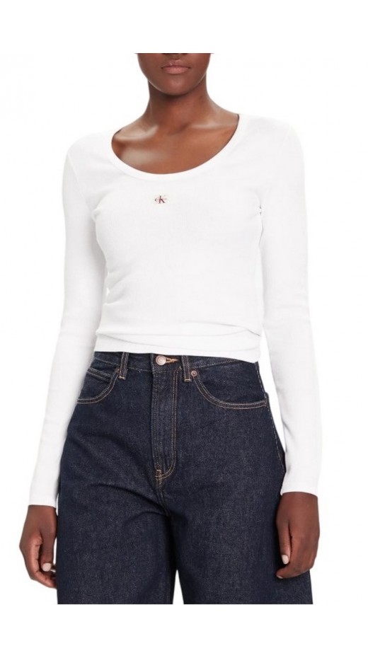CALVIN KLEIN LS WOVEN LABEL 2X2 RIB SCOOP NEC ΜΠΛΟΥΖΑ ΓΥΝΑΙΚΕΙΑ WHITE