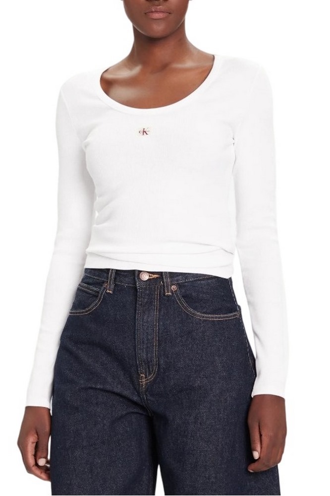 CALVIN KLEIN LS WOVEN LABEL 2X2 RIB SCOOP NEC ΜΠΛΟΥΖΑ ΓΥΝΑΙΚΕΙΑ WHITE