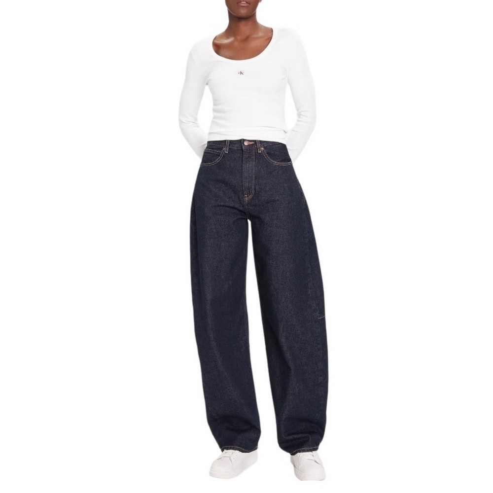 CALVIN KLEIN LS WOVEN LABEL 2X2 RIB SCOOP NEC ΜΠΛΟΥΖΑ ΓΥΝΑΙΚΕΙΑ WHITE