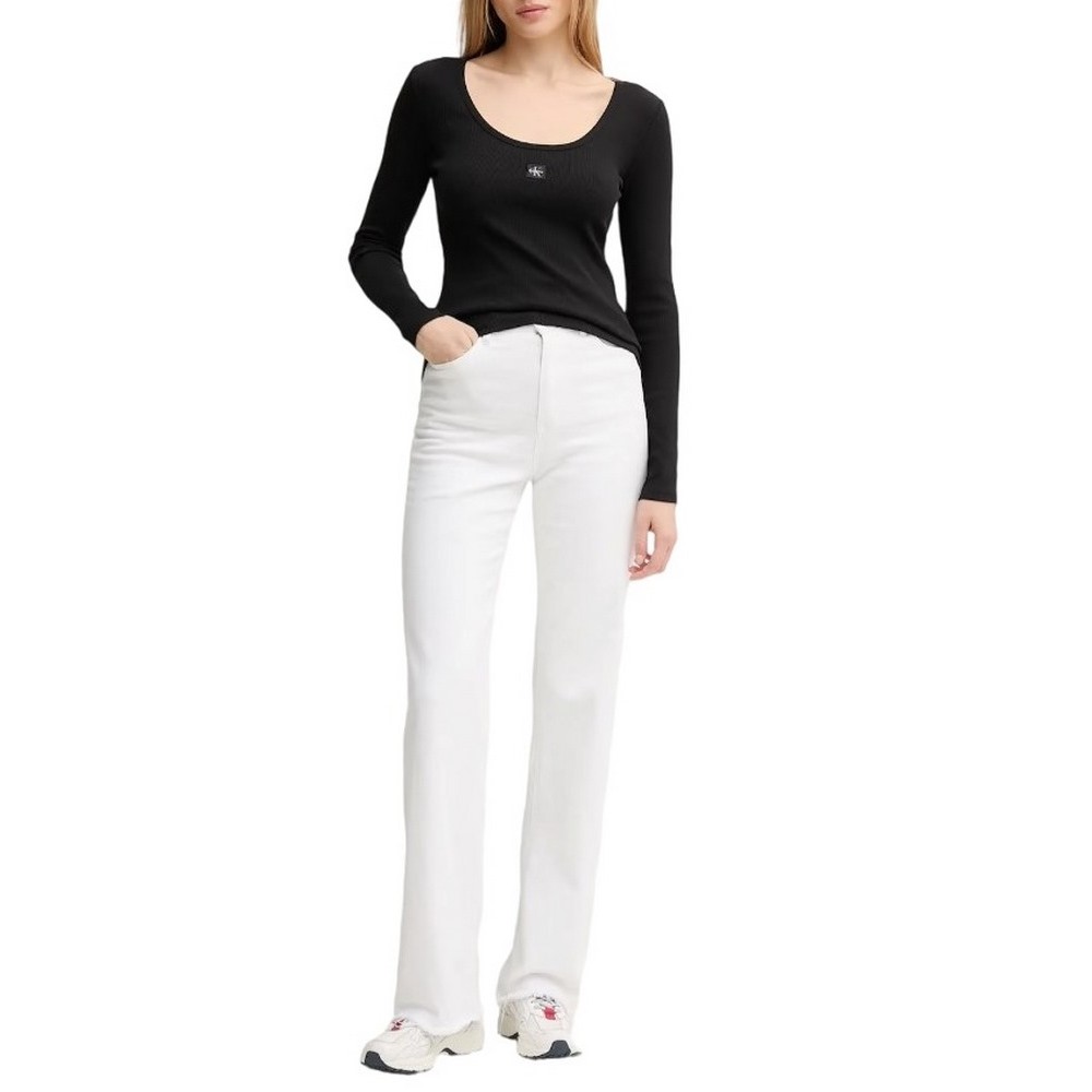 CALVIN KLEIN LS WOVEN LABEL 2X2 RIB SCOOP NEC ΜΠΛΟΥΖΑ ΓΥΝΑΙΚΕΙΑ BLACK