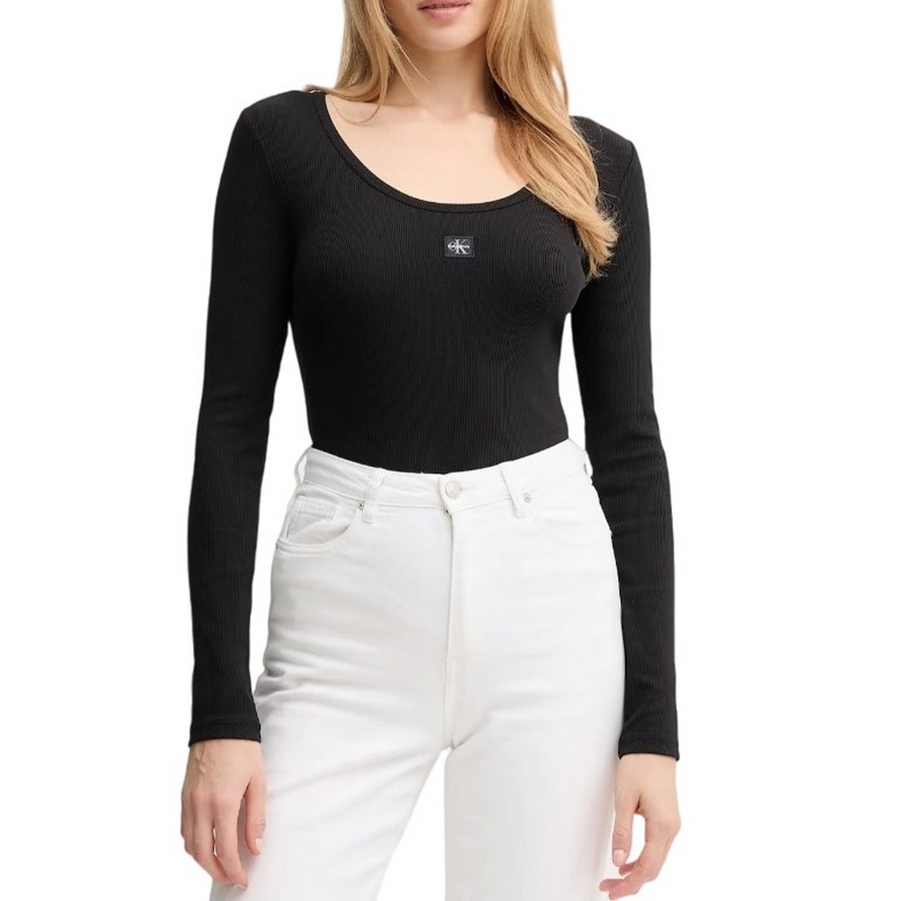 CALVIN KLEIN LS WOVEN LABEL 2X2 RIB SCOOP NEC ΜΠΛΟΥΖΑ ΓΥΝΑΙΚΕΙΑ BLACK