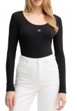 CALVIN KLEIN LS WOVEN LABEL 2X2 RIB SCOOP NEC ΜΠΛΟΥΖΑ ΓΥΝΑΙΚΕΙΑ BLACK